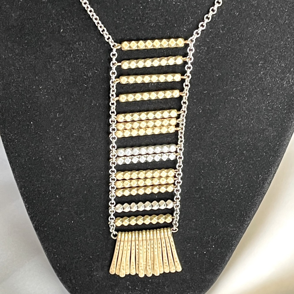 Lucky Brand two tone metal necklace 34 inches long chain metal bars metal fringe